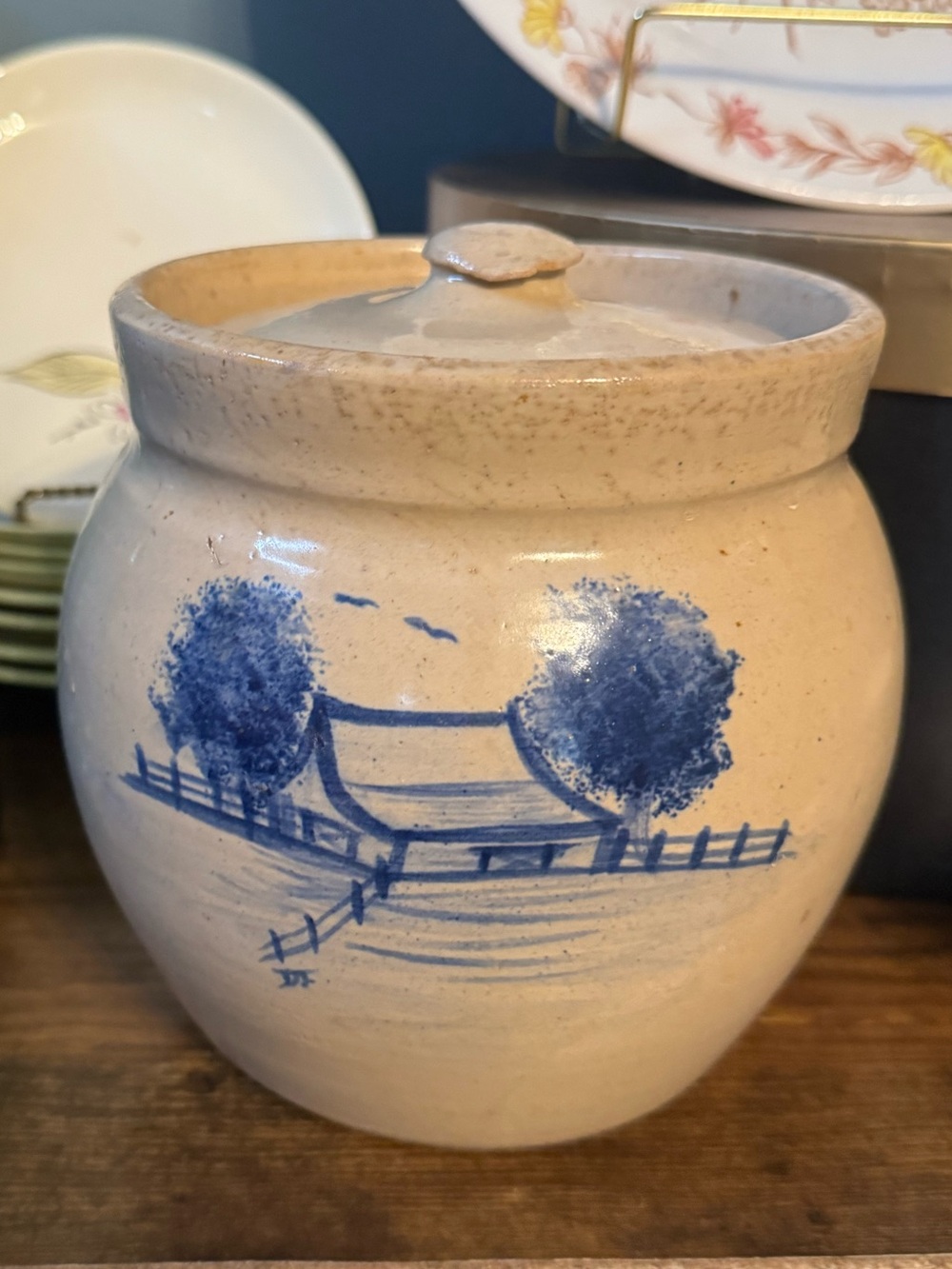 Beige Stoneware Lidded Jar with Blue Farmhouse Illustration